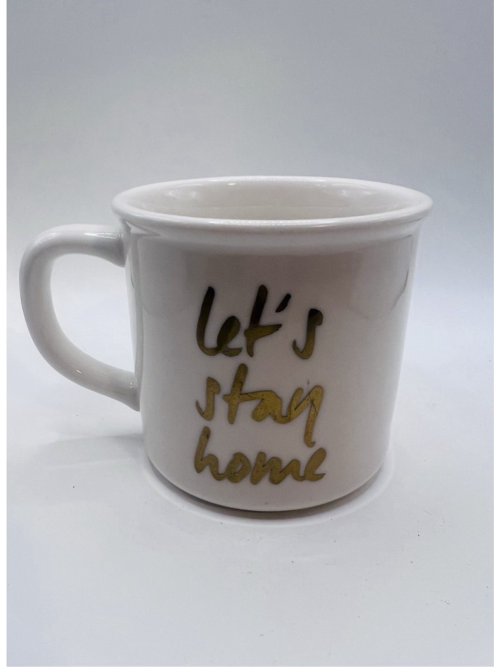 Pottery Barn Let's Stay Home Coffee Mug White Gold Accent Ceramic Tea Cup